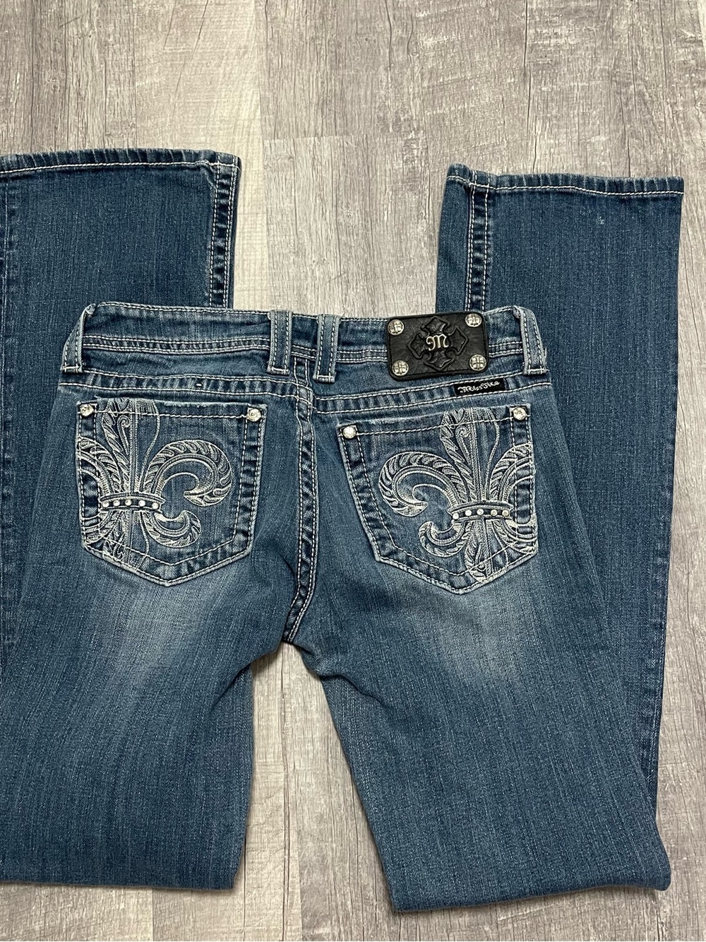 Miss Me Dark Blue Boot Cut Jeans with Fleur-de-Lis Embroidery